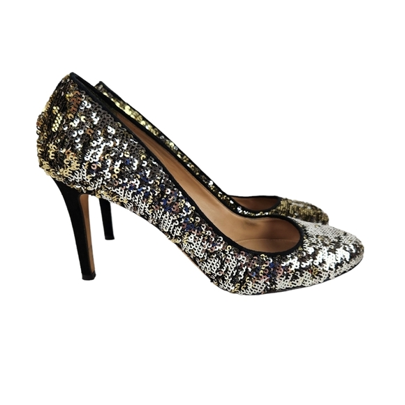 J. Crew Sloane Sequin Silver Gold Pumps Heels Suede Leather Prom Women's Size 9 - Picture 3 of 12